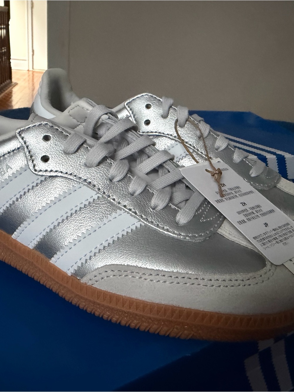 adidas Kids Metallic Silver Sneakers with White Stripes and Gum Sole